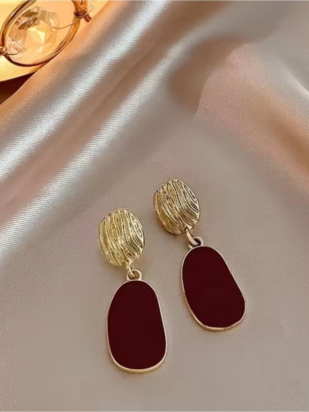 Gold Drop Earrings with Deep Burgundy Inlay